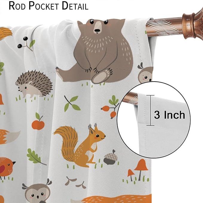Forest Animal Curtains for Kids, Cartoon Safari Woodland Animals Window Treatments Cute Wild Jungle Bear Fox Deer Bear Window Drapes for Girls Boys Nursery Toddler Bedroom 72x63in