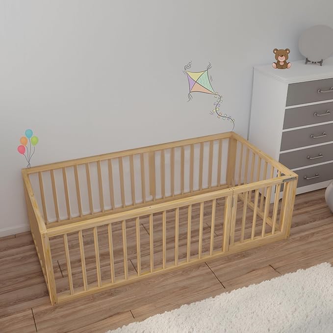 Montessori Floor Bed with Door On The Right Side for Toddler | Pine Wood Natural Solid Frame Beds | Sturdy Modern Design Floor Bed Frame for Boy and Girls (King, Height: 23.6 Inches)