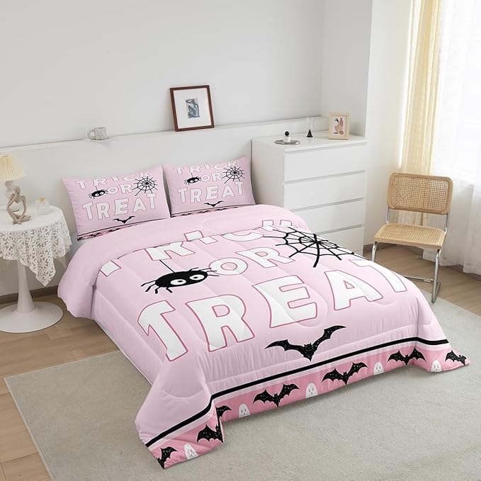 Erosebridal Happy Halloween Comforter Set King Size Spider Web Bedding Set Bat Ghost Quilt for Kids Boys Girls Teens Cartoon Style Bedding Comforter Sets with 2 Pillow Cases