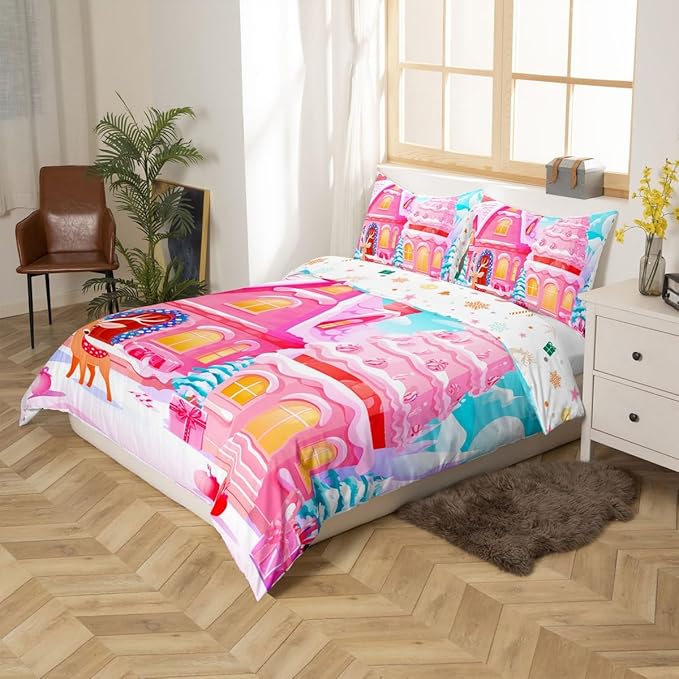 Feelyou Christmas Pink Comforter Cover Set Cute Deer Print Bedding Set Toddler Size for Kids Boys Girls Bedroom Bed Decor Xmas Christmas Duvet Cover Soft Bedspread Cover,No Comforter