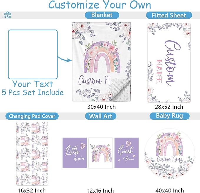 Personalized Crib Bedding Set for Baby Girls Boys, 5 Pcs Rainbow Baby Bedding Crib Sets, Custom Name Baby Crib Set, Newborn, Infant & Toddler Nursery Bedding Set Decor, Customized Gifts