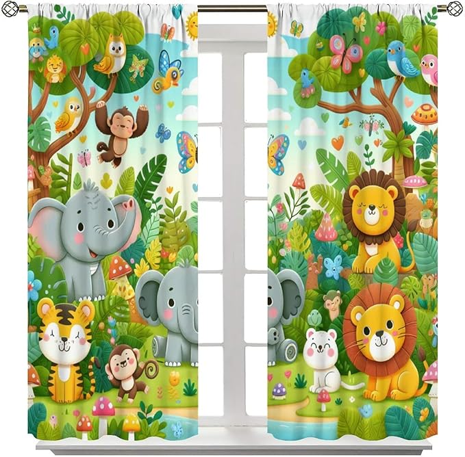 Cartoon Animals Curtain Jungle Forest Elephant Lion Butterfly Floral Print Curtains for Kids Boys Girls Nursery Baby Bedroom Playroom Home Decor Window Drapes 63" W X 72" L