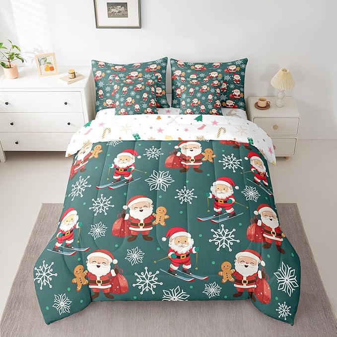 Erosebridal 7Pcs Cartoon Santa Claus Comforter Set Full Size,Xmas Gingerbread Bedding Set,Christmas Snowboard Snowflake Bed in A Bag,Cute Christmas Ornaments Quilt with Flat Fitted Sheet