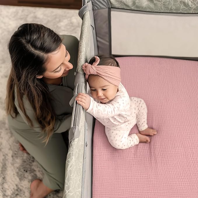 lulumoon Pack and Play Sheets for Girls: Soft Muslin Cotton for Playard Mattress - Stretchy Snug Fit for Guava Family Pack n Play