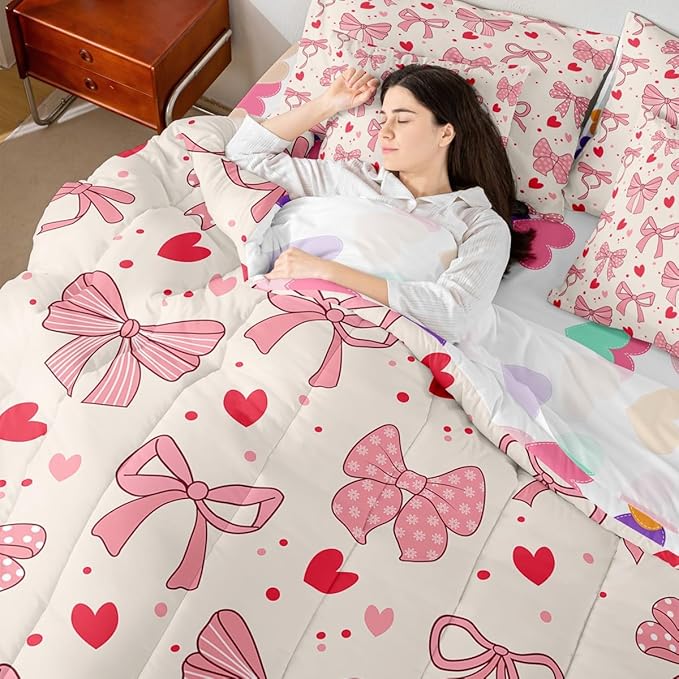 Pink Bowknot Bow Tie Kids Comforter King Size,Love Heart Dot Geometric Patchwork 7 Pcs Bedding Set,Stripe Snowflake Romantic Room Decor,Princess （Fitted+Sheet+2 Pillowcases+2 Throw Pillow Covers）