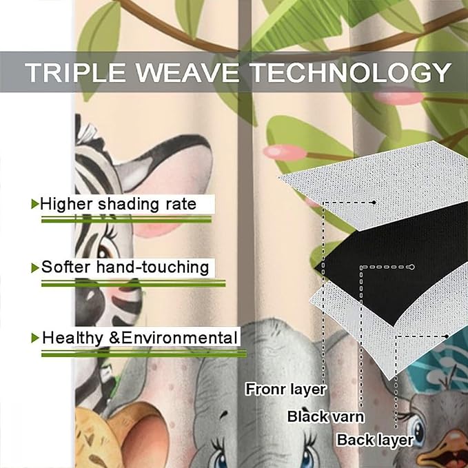 Animals Curtains Colorful Forest Cartoon Cute Zebra Tiger Elephant for Kids Boys Girls Nursery Bedroom Living Room Blackout Rod Pocket Decoration Window Drapes 2 Panels W31.5xL63in