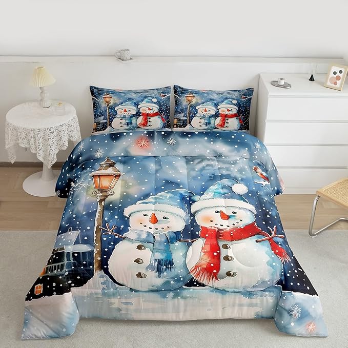 Feelyou Christmas Kids Comforter Set Toddler Size Blue Watercolor Snowman Bedding Set Xmas Winter Duvet Quilt for Kids Boys Girls Bedroom Snowflake Decor Microfiber Ultra Soft Breathable