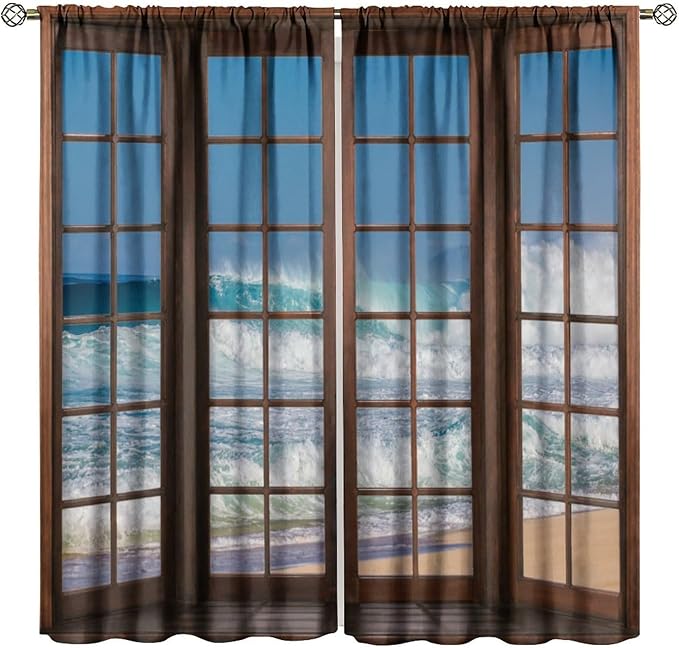 Ocean Beach Curtains,Waves Crashed Beach Hawaiian Seaside Scene Pattern Blackout Print Home Bedroom Living Room Window Treatments 2 Panel Set 52x84 Inch