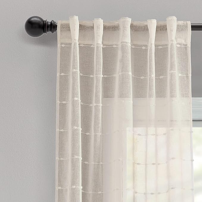 Lush Decor Farmhouse Textured Back Tab/Rod Pocket Sheer Window Curtain Panel Pair, 38"W x 84"L, Beige