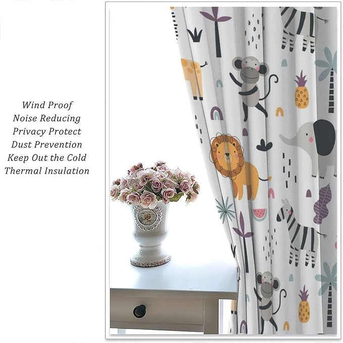 Cute Cartoon Animals Curtains Tropical Jungle Animals Elephant Giraffe Monkey Lion Modern Abstract Aesthetics for Kids Boys Bedroom Nursery Rod Pocket Decoration Window Drapes 2 Panels W27.5xL63in