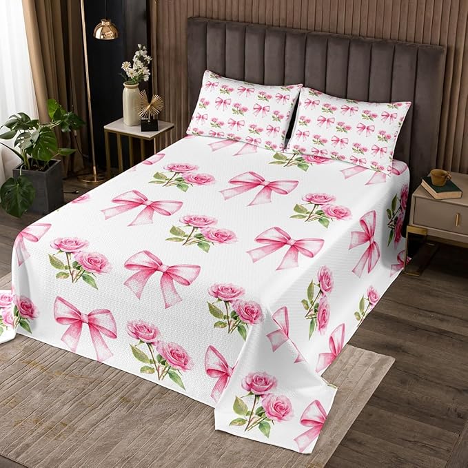 Pink Bowknot Kids Bedspread Twin Size,Rose Flowers Valentine's Day Romantic Coverlet Set,Girls Women Room Decor,Pink Bow Tie Knot Princess Quilted Coverlet,Dreamy Bedding Quilt,1 Pillowcase