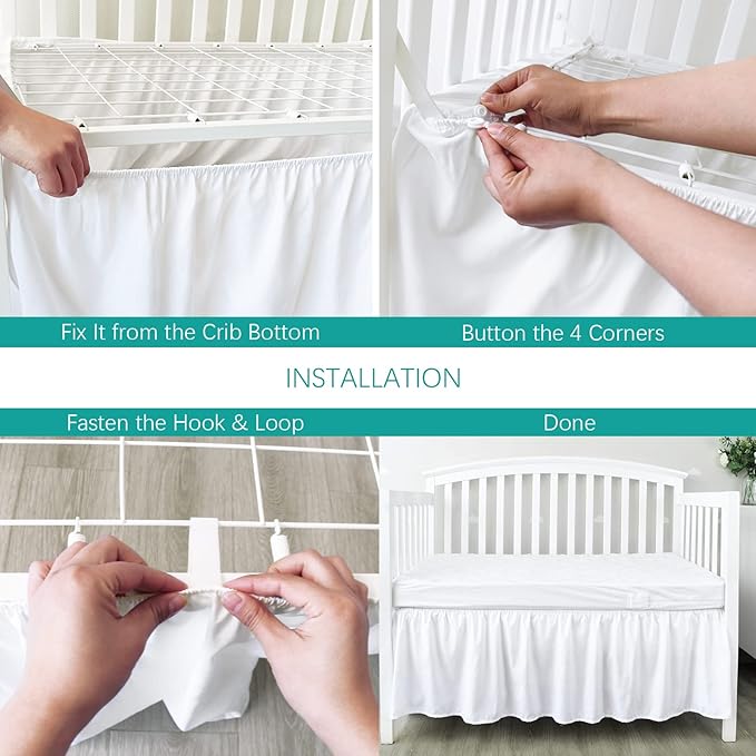 Crib Bed Skirt 28” x 52” with 14” Drop Pleated Dust Ruffle for Baby Boys Girls Elastic Adjustable Fit Toddler Bedskirt Easy On/Off Soft Nursery Standard Crib Bedding Skirts Solid White Crib Skirt