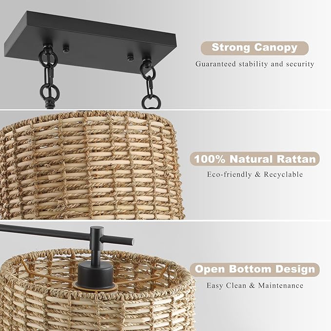 41" Chandelier Woven Rattan Light Fixture with 3 Wicker Lampshades, Large Linear Boho Chandeliers Drum Pendant Lights Kitchen Island