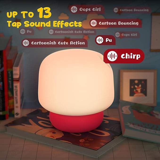 UNEEDE Mushroom Lamp for Kids, 13 Sound Effects Toddler Night Light, Squishy Nursery Mushroom Decor with Timer, Christmas Birthday Gift