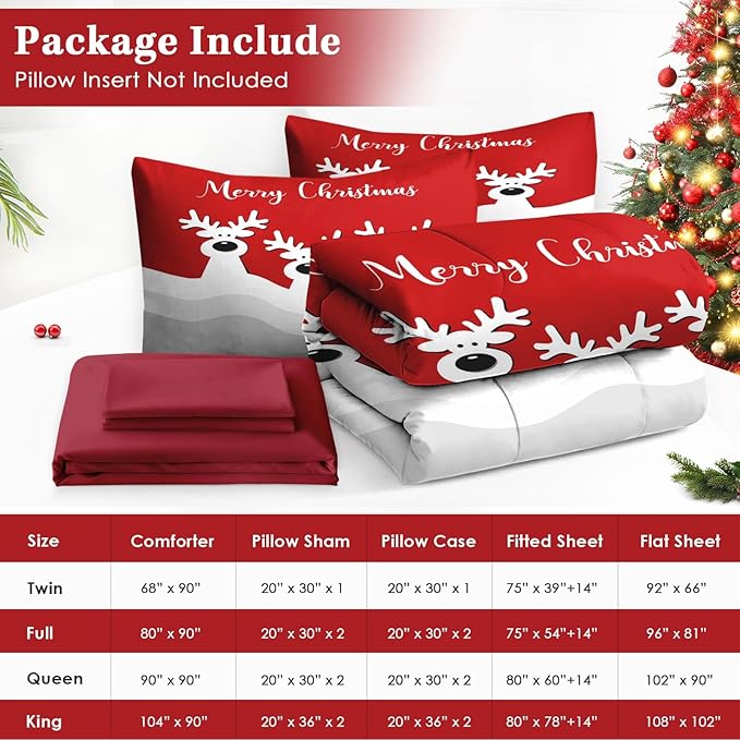 5 Pcs Twin Size Christmas Comforter Set with Pillowcase & Sham, Cute Cartoon Reindeer Bedding for Kids and Adults, Winter Merry Xmas Bed in a Bag with Flat Fitted Sheet