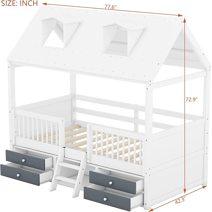Merax Wood Montessori House Bed Frame with Roof and Windows for Boys Girls Teens, Twin Kids Playhouse Bed with Guardrails and Storage Drawers for Children's Room, Bedroom, Wood Slats Support, White
