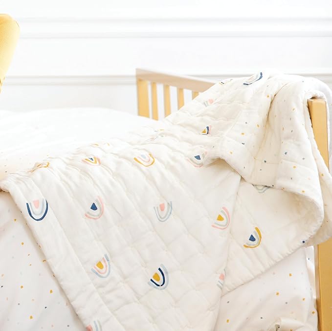 MakeMake Organics Organic Toddler Comforter GOTS Certified Organic Crib Blanket Cotton Infill Tufted Reversible - Ultra Soft Breathable (44"x60", Dotty + Rainbow)