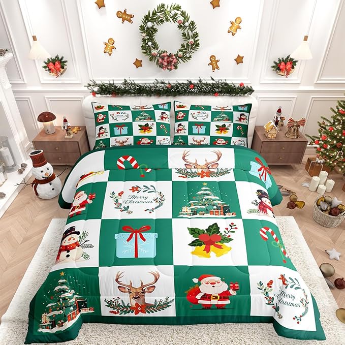 Erosebridal Merry Christmas Quilt King Size for Kids Teens Santa Claus Xmas Tree Bedding Set Cartoon Deer Snowman Comforter Set with 2 Pillow Cases
