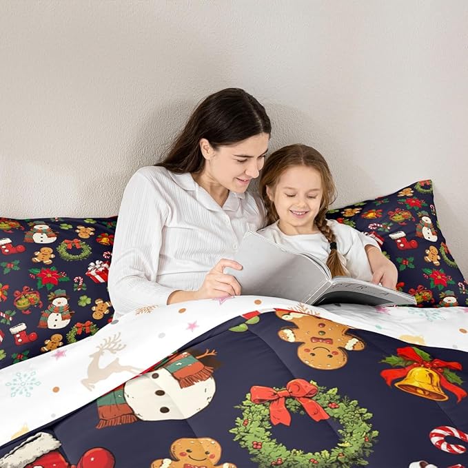 jejeloiu Merry Christmas Comforter Set Full Size Cute Snowman Bedding Set for Kids Boys Girls Gingerbread Man Duvet Quilt Dark Blue Bedroom Decor