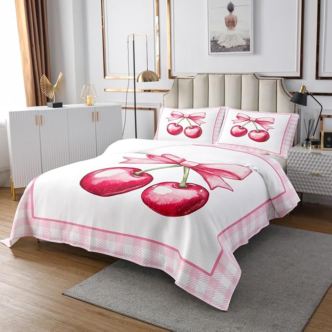 Cherry Bowknot Kids Bedspread King Size,Geometric Plaids Grids Patchwork Fashion Coverlet Set,Girls Women Room Decor,Bow Tie Princess Dreamy Quilted Coverlet,Pink Cute Bedding Quilt,2 Pillowcases
