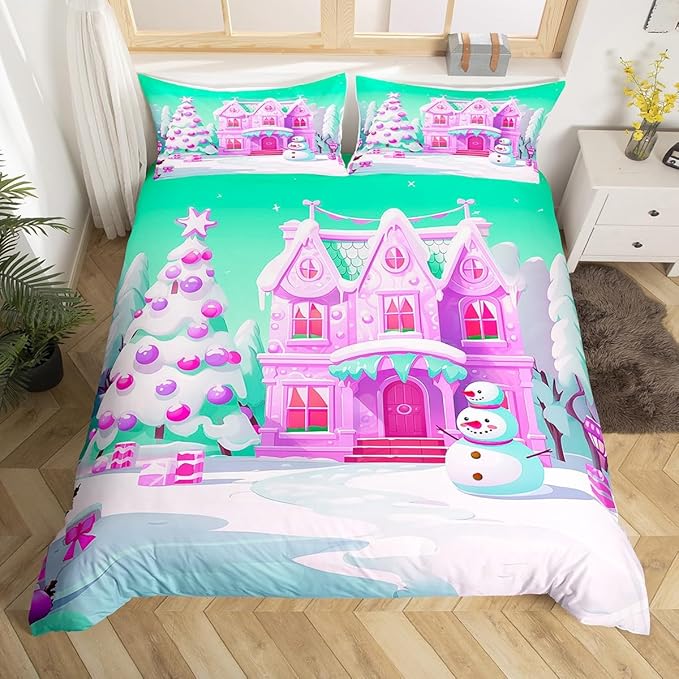 Feelyou Merry Christmas Comforter Cover Set Christmas Tree Snowman Duvet Cover Set for Kids Boys Girls Bedroom Bed Decor Xmas Christmas Purple Bedding Set Toddler Size Soft Quilt Cover,No Comforter