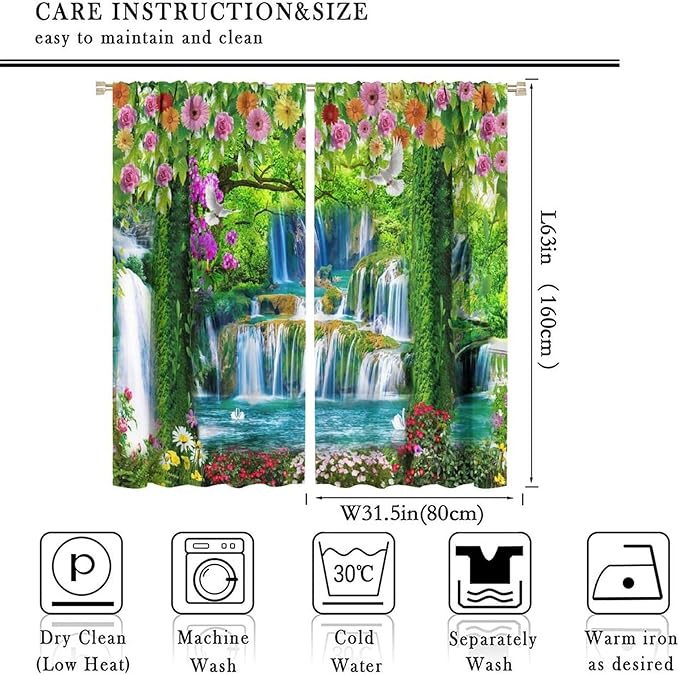 Jungle Nature Blackout Window Curtains, Trees Scenic Waterfall and River Spring Pattern Print Window Drapes, for Living Room Bedroom 63x63in 2 Panels