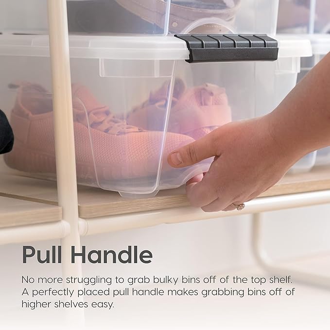 IRIS USA 13 QT Plastic Storage Box with Lid and Latches - 4 Pack - BPA-Free, Discreet Organizing Solution, Durable Nestable Stackable Containers, Secure Pull Handle - Pearl
