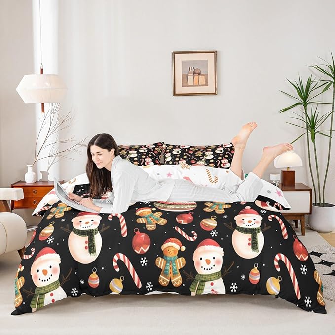 Feelyou Merry Christmas Duvet Cover King Size Gingerbread Man Snowman Comforter Cover for Boys Girls Candy Cane Bell Xmas Decor Bedding Set 3Pcs Reversible Xmas Decor Room Decor