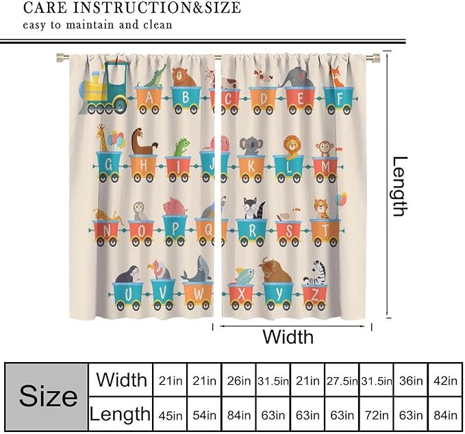 Kids Alphabet Curtains Funny Trains Letter Education School Cute Cartoon Animal Printed Curtain with Rod Pocket for Bedroom Living Room Drapes Window Treatments 2 Panels Set 84" W X 84" L