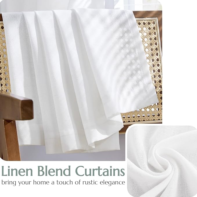 jinchan White Linen Blend Curtains for Bedroom 72 Inch Length 2 Panels Curtains for Bathroom, 50 Inch Wide Farmhouse Drapes with Rod Pocket Back Tab(50W x 72L, White)