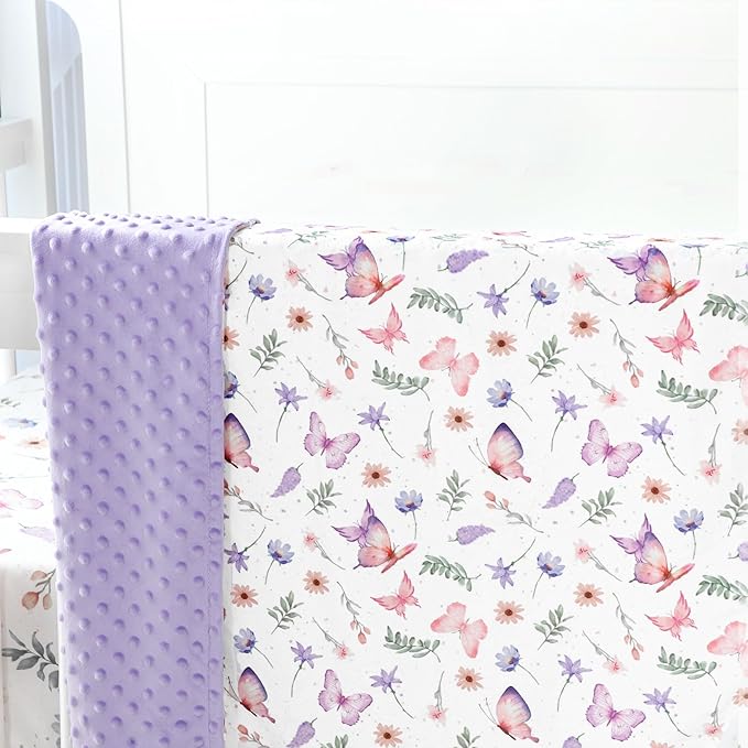 Pea Pod Baby Girls Blanket Soft Butterfly Minky Blanket for Newborn, 30'' x 40'' Double Layer Design, Dotted Backing Warm Baby Quilt Crib Blanket for Nursery/Stroller/Toddler Bed/Baby Car Seat