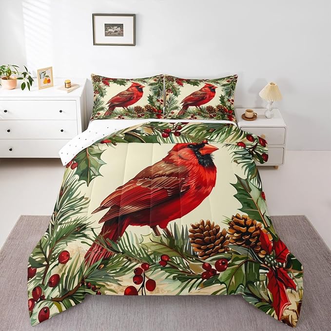 jejeloiu Kids Red Cardinal Comforter Set Full Size Christmas Tree Green Plants Bedding Set for Boys Girls Teens Xmas Birds Animal Winter Happy New Year Duvet Quilt Room Decor