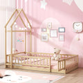 MAT EXPERT Twin Floor Bed with House-Shaped Headboard, Montessori Kids Bed with Detachable Clothes Hanger, Full Length Safety Guardrails, Solid Wood Twin Bed Frames for Kids (Natural)