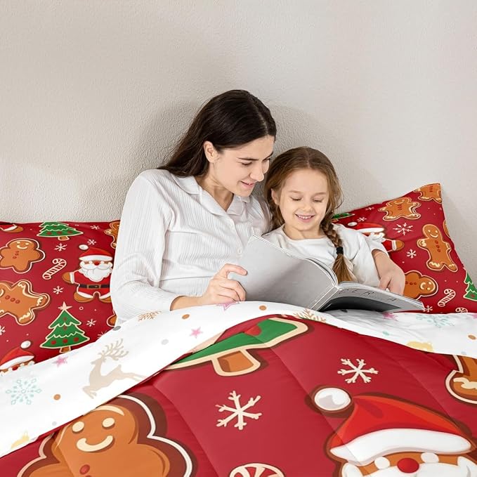 Feelyou Christmas Kids Comforter Set Toddler Size Santa Bedding Set Gingerbread Man Duvet Quilt for Kids Boys Girls Bedroom Xmas Tree Snowflake Decor Microfiber Ultra Soft Breathable
