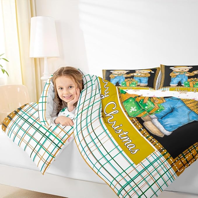 Feelyou Merry Christmas Comforter Set All Season Cute Bear Bedding Set with 2 Pillow Cases Microfiber Kids King Bedclothes Winter Bedroom Decor Duvet Quilt Breathable Soft