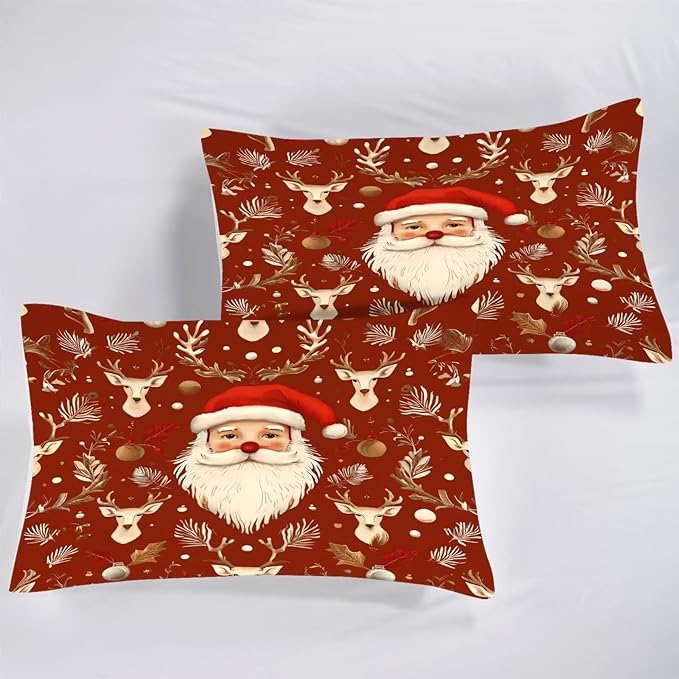 Red Christmas Comforter Set Santa Claus Bedding Full/Queen Size for Kids Girls Women Xmas Reindeer Holiday Bedroom Quilt Bed Sets, 1 Comforter 2 Pillowcases