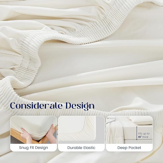 Dream Valley® Twin Sheets Set, Cooling Fitted Sheet with 1 Pillowcase-2 PCS with No Flat Sheet,Q-Max > 0.4 Aerocool, Cooling for Night Sweats, Hot Sleepers,deep Pocket up to 15",Ivory