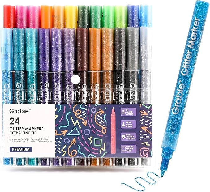 Grabie Glitter Metallic Markers, Extra-Fine Tip Glitter Acrylic Paint Markers, Quick-Drying Water-based Ink Glitter Pens for Adults, DIY Crafts Making (Extra Fine Tip 24 Colors, Pack of 24)