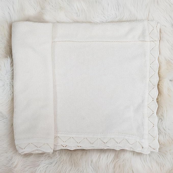 Baby Knit Blanket Soft Breathable Cotton Scallop Border Blankets Newborn Knitted Blanket Swaddle Blankets Gifts for Baby Newborn Toddler Shower Boy Girl New Mom Birthday Christmas White 30x40
