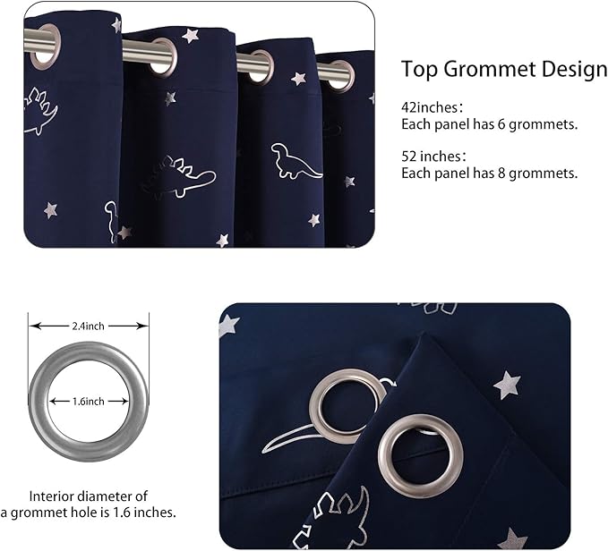 LORDTEX Dinosaur and Star Foil Print Blackout Curtains for Kids Room - Thermal Insulated Curtains Noise Reducing Window Drapes for Boys and Girls Bedroom, 42 x 84 Inch, Navy, Set of 2 Panels