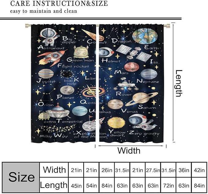 Cartoon Kids Alphabet Astronaut Curtain，Retro Cute Cosmic Galaxy Letter Printed Rod Pocket Blackout Window Treatments for Boys Girls Bedroom Living Room School 42" W X 63" L