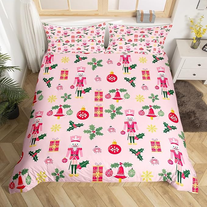 Feelyou Christmas Pink Nutcracker Comforter Cover Queen Size Cute Royal Guarder Duvet Cover Xmas Snowflake Bedding Set Gifts for Kids Boys Girls Decor 2 Pillow Cases Pink