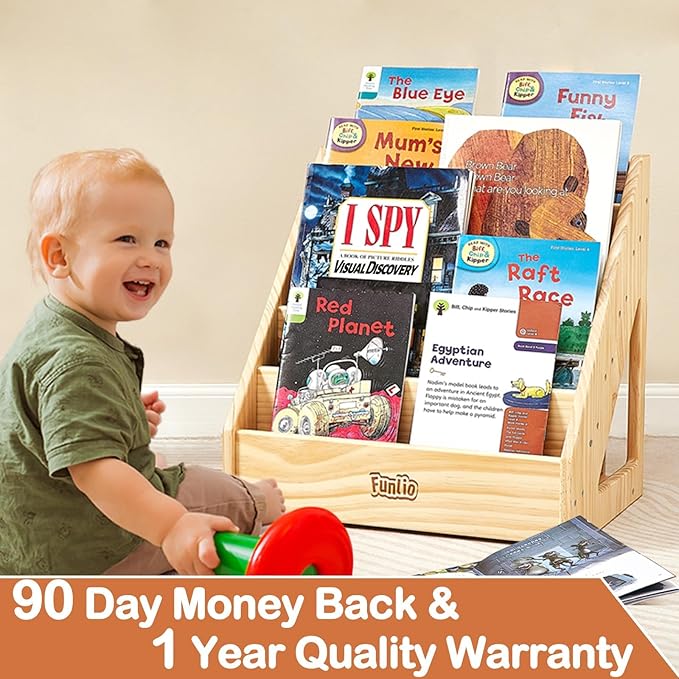 FUNLIO Montessori Bookshelf for Toddlers 1-5 Years, Front-Facing Kids Bookcase with Handle & Anti-Tilting Device, Premium Pine Baby Bookshelf, Children's Bookcase for Nursery/Classroom, CPC Certified