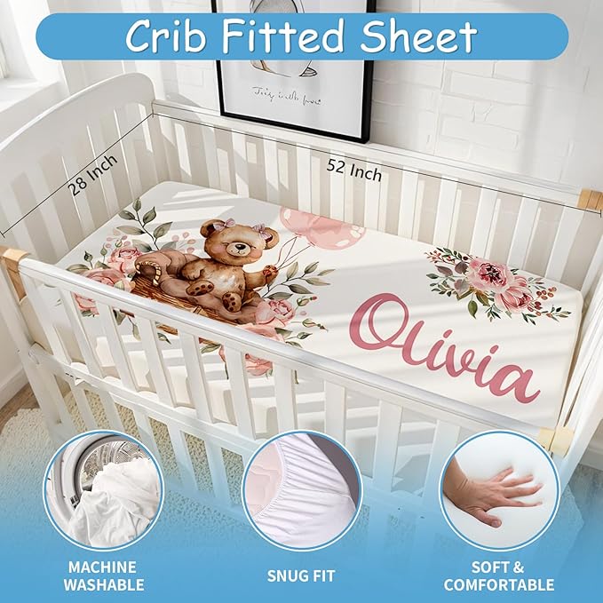 Personalized Crib Bedding Set for Girls, Custom Name Nursery Bedding Sets 5 Pcs, Pink Bear Baby Crib Set for Newborn Infant Toddler, Soft Flannel Double Layer Baby Blanket, New Parents Gifts