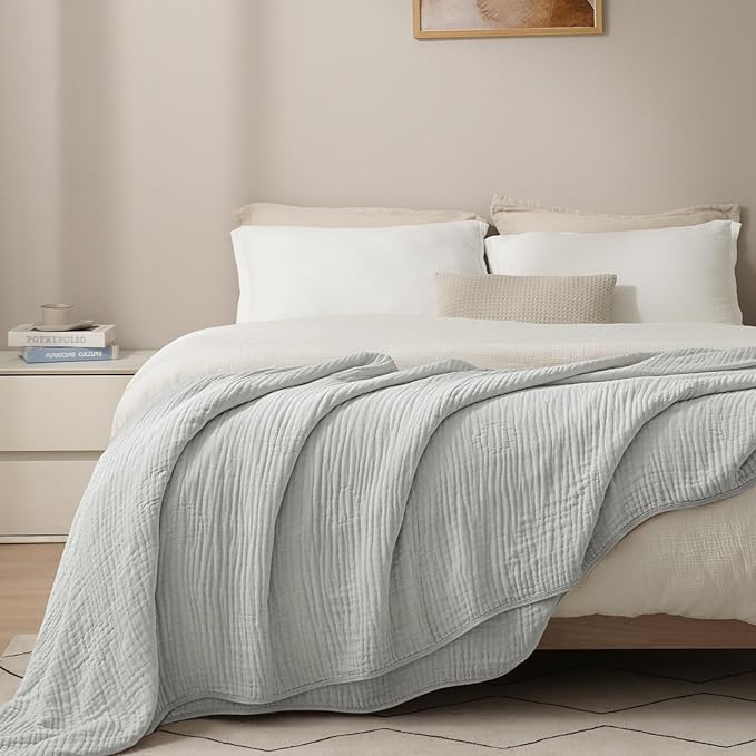 PHF Cooling Muslin Blanket King Size 104"x80", 6-Layer Lightweight Gauze Blanket Made from 35% Rayon Derived from Bamboo & 65% Cotton, Breathable & Ultra Soft Cozy, Aesthetic Home Decor, Harbor Mist