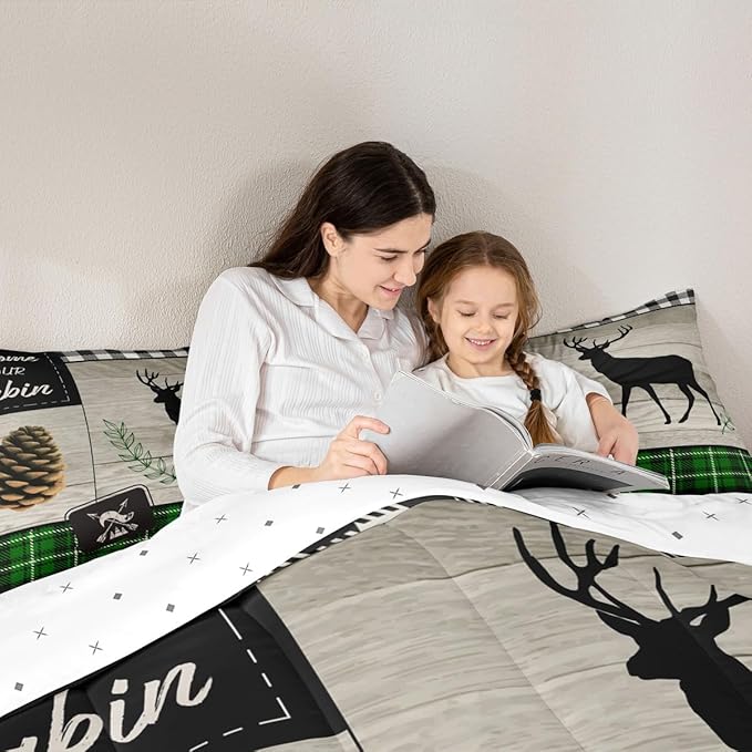 Deer Silhouette Kids Comforter Set Full Size,Old Plank Leaves Bedding,Girls Boys Adults Bedroom/Xmas Cabin Decor,Geometric Grid Plaid Retro Down Comforter,Rustic Farmhouse Duvet Insert,2 Pillowcases