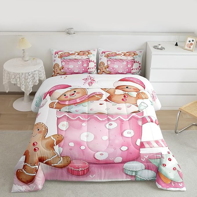 Feelyou Christmas Bedding Set Soft for Boys Girls, Pink Gingerbread Comforter Set Full Size Christmas Decor Duvet Quilt Microfiber Xmas Bedroom Decor 3 Pcs with 2 Pillow Cases