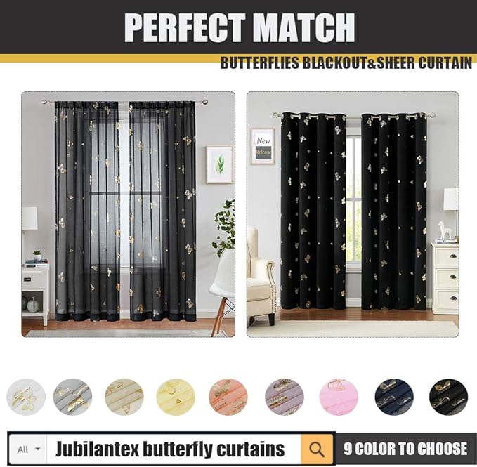 Jubilantex Black and Gold Butterfly Sheer Curtain Panels for Boys Girls Room, Linen Textured Metallic Print Patterned Voile Rod Pocket Curtain Drapes 95 Inch Long for Bedroom, 2 Panels