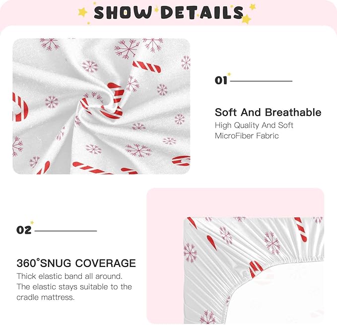 Crib Sheet, Unisex Crib Sheet, Soft and Comfortable for Standard Crib and Toddler Mattress, Christmas Cane Candy