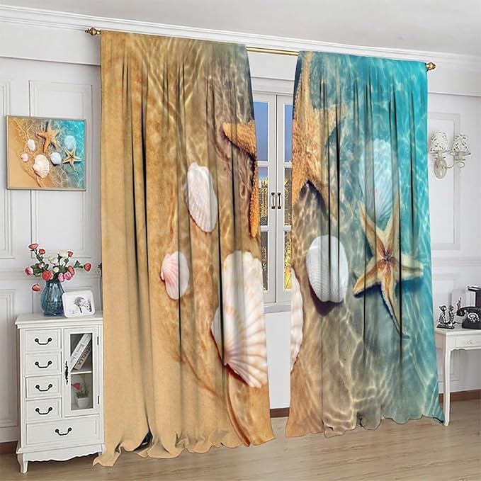 Beach Curtain for Bathroom Decor，Sea Turtle Starfish Seashell Nautical Ocean Coastal Scenery Art Printed Fabric Polyester Waterproof Set 2 Panels,42x63 Inches